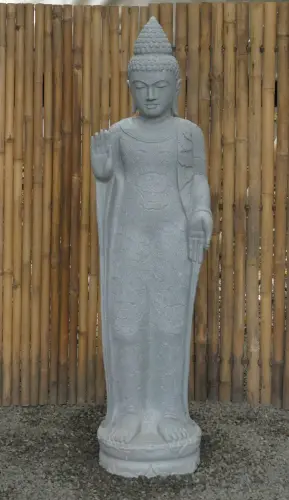 Product image of the product “Standing Indian Buddha, floral pattern on the cape - gesture of fearlessness, in the sizes from 120cm to 180cm, Natural finish ”